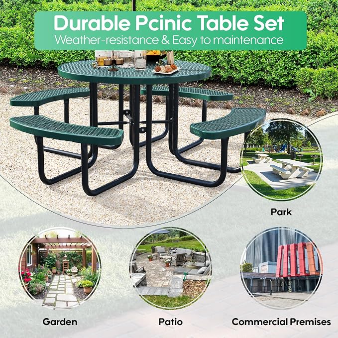46 Inch Round Outdoor Metal Picnic Table, All-Weather Patio Dining Set for 6-8 Adults, Heavy Duty Steel with Central Umbrella Hole, Perfect for Garden, Backyard, Deck & Small Spaces - Easy Assembly