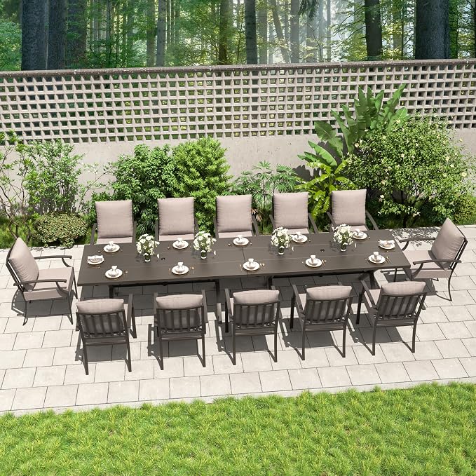 Kullavik 14 Pieces Outdoor Dining Set,Patio Dining Table and Chairs Set for 12,Fence Pattern Back Chairs with Thickened Cushions & Rectangular Metal Dining Table with Umbrella Hole for Patio,Sand