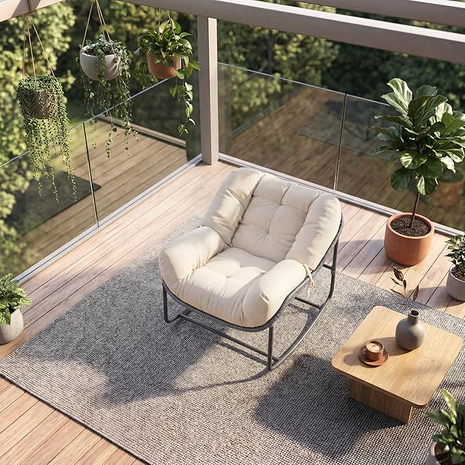 GarveeLife Outdoor Lazy Rocking Chair, Single Metal Rocker with Comfortable Seat, Beige, for Patio Porch Balcony, Relaxation