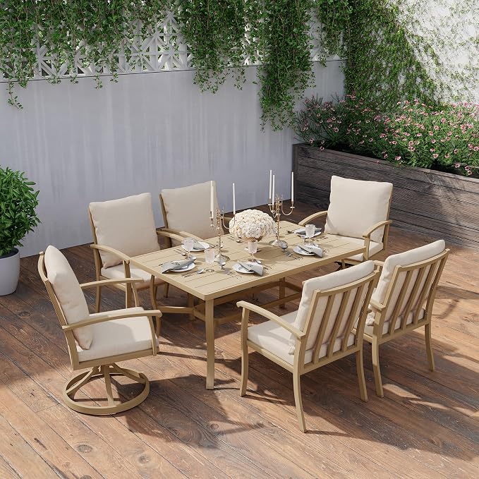 HAPPATIO 7 Piece Patio Dining Set, Aluminum Outdoor Dining Set for 6, Patio Furniture Sets, 2 Swivel Dining Chairs, 4 Dining Chairs, Aluminum Furniture Set for Patio, Yard (Beige)