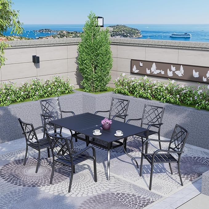 60" x 37" Patio Dining Table, Outdoor Rectangle Bistro Metal Table with Steel Slat Table Top for Porch Deck Garden Backyard Poolside, 1.57" Umbrella Hole, Black