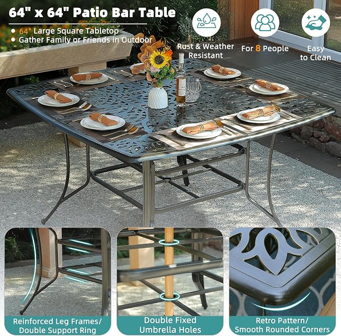 MEETWARM Patio High Bar Dining Table for 8 Person, All Weather Cast Aluminum 64" Large Square High Top Dining Table with 2.2" Umbrella Hole, Patio Bar Height Table for Garden Deck Backyard,Dark Bronze