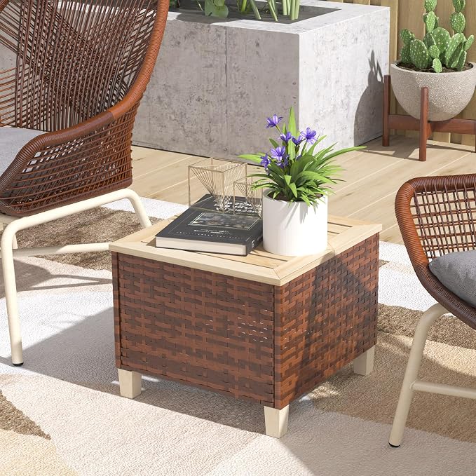 Outsunny Outdoor Side Table with PE Rattan, Patio End Table with Natural Fir Wood Tabletop and Legs, Weather Resistant Accent Table for Patio Pool Porch, Brown