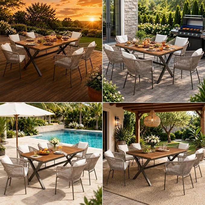 7PCS Outdoor Dining Set, Patio Table and Chairs Set for 6, Rope Weaving Patio Chairs with Thickened Cushions & Rectangular Dining Table with Metal Frame and Acacia Wood Tabletop, Gray