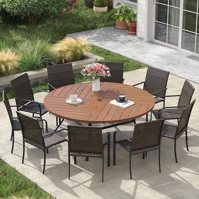 VICLLAX 11 Pieces Outdoor Dining Set, 10 Stakable Wicker Patio Chairs and 63" Patio Round Metal Table with Umbrella Hole for Backyard Lawn Garden, Walnut Tabletop