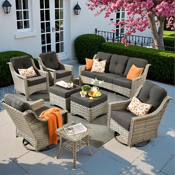 8 PCS Outdoor Patio Furniture Sets,Patio Conversation Sets Outside Rattan Soft Cushion Sofa with 2 Wicker Rocking Chairs Soft Cushion Fit Backyard Porch Garden Poolside Balcony,Black