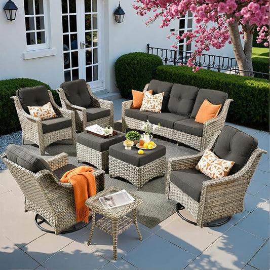 8 PCS Outdoor Patio Furniture Sets,Patio Conversation Sets Outside Rattan Soft Cushion Sofa with 2 Wicker Rocking Chairs Soft Cushion Fit Backyard Porch Garden Poolside Balcony,Black