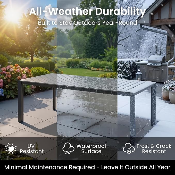 Crestlive Outdoor Dining Table for 8, Patio Table with Umbrella Hole, Aluminum Frame & WPC Wood-Like Tabletop, Ideal for Garden, Backyard, and Indoor