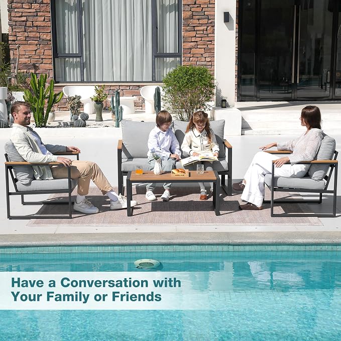 Patio Furniture Set, 4 Pieces Outdoor Patio Furniture with Coffee Table Set, Metal Patio Conversation Sets with Washable and High-Resiliency Sponge Cushions, Upgarded Light Grey