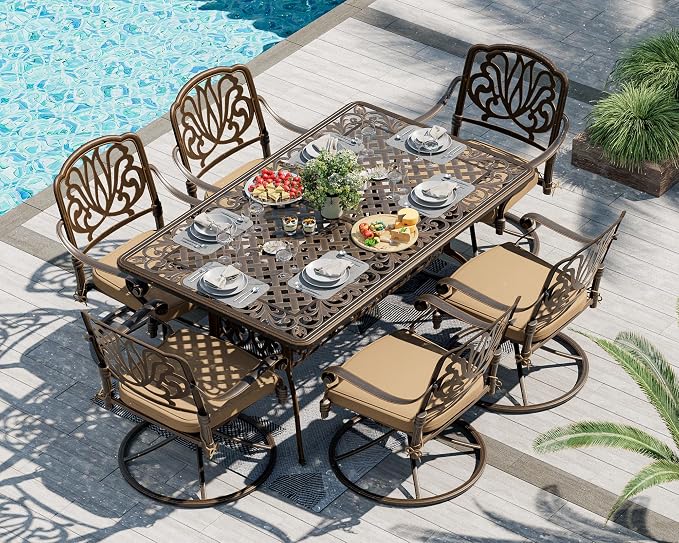 TITIMO 7-Piece Cast Aluminum Patio Dining Set, Outdoor Dining Furniture Patio Conversation Set, Rectangular Table w/Umbrella Hole for Backyard Deck (Khaki-Swivel Elizabeth Chair, 7 Pcs)