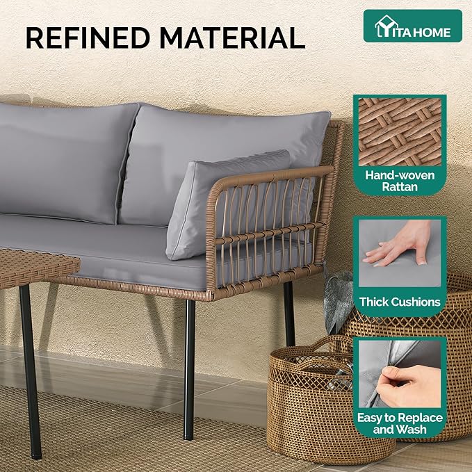 YITAHOME 4-Piece Wicker Patio Furniture Set, All Weather PE Rattan Conversation Set Sectional Sofa with Soft Cushions & Side Table, Porch Furniture for Deck, Balcony, Backyard - Gray