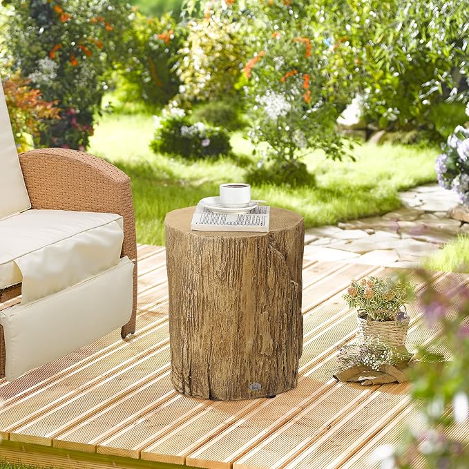 HOMCOM Tree Stump Stool, Decorative Side Table with Round Tabletop, Concrete End Table with Wood Grain Finish for Indoors and Outdoors, Natural
