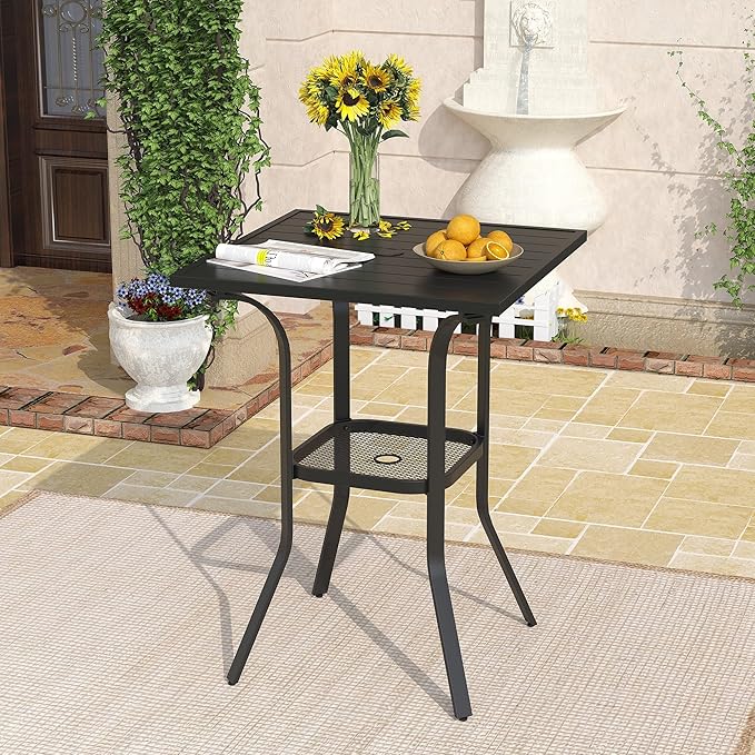 DIFY Patio Bar Height Table, 28" Square Outdoor Pub Table with 1.57" Umbrella Hole for Bistro, Garden, Poolside and Balcony, Black