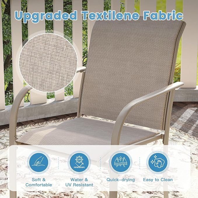 DIFY 9 Pieces Outdoor Patio Dining Set for 8, 53.1" Grey Wood-Like Round Metal Dining Table and 8 Sandshell Stackable Textilene Patio Chairs, Outdoor Table and Chairs for Backyard Garden Poolside