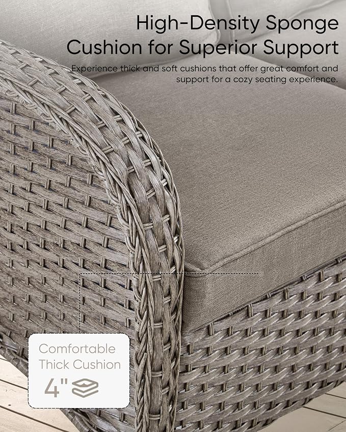 HUMMUH 6 Pieces Outdoor Patio Furniture-PE Rattan Wicker Sofa with Patio Swivel Rocking Chairs Patio Furniture for Deck Lawn Porch Balcony Poolside-Grey/Grey
