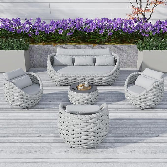 TWT Outdoor Patio Furniture Set-5 Pieces Aluminum Sectional Sofa, Metal Patio Conversation Set with Threeseat & Armchair, Textile Rope and Coffee Table, Light Grey