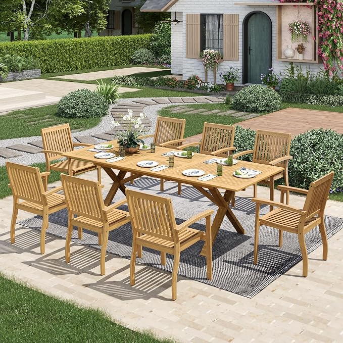 MIXPATIO Acacia Wood Outdoor Dining Set for 8 w/Expandable Table & Chairs | Solid acacia wood, weather-resistant. Expandable table w/ 1.97" umbrella hole. 8 chairs. Perfect for deck, poolside or yard.
