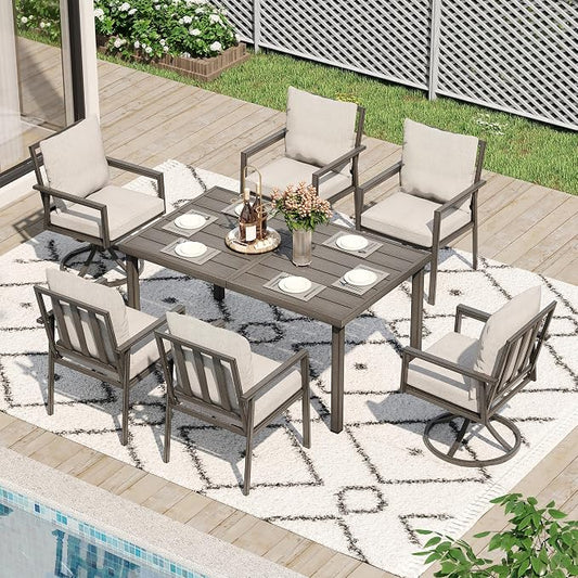 HAPPATIO Patio Dining Set for 6, 7-Piece Outdoor Aluminum Dining Set, 2 Cushioned Swivel Chairs, 4 Dining Chairs and Table for Deck Yard Poolside, Rust-Proof, Weather-Resistant, Easy Assembly