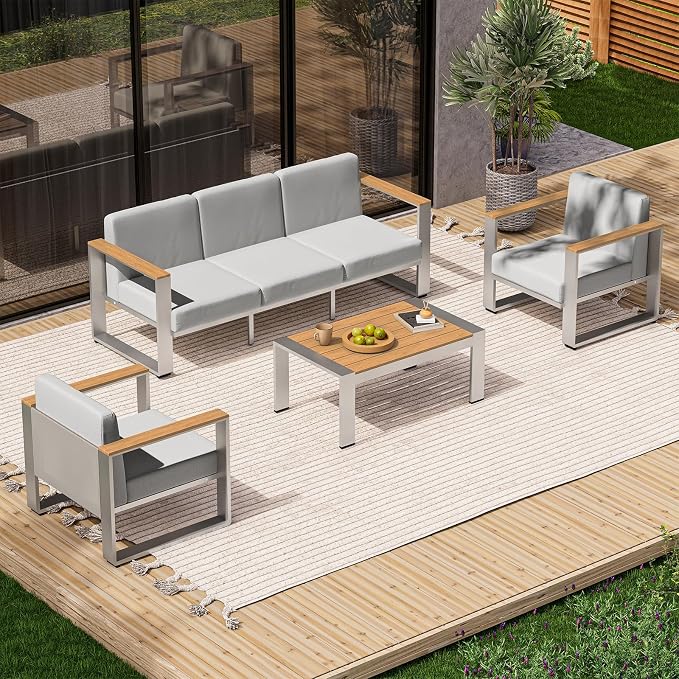 Aluminum Patio Furniture Set, 5 Seats Outdoor Patio Conversation Sets with Ergonomic Seat, Modern Outdoor Sectional Furniture for Balcony, Porch