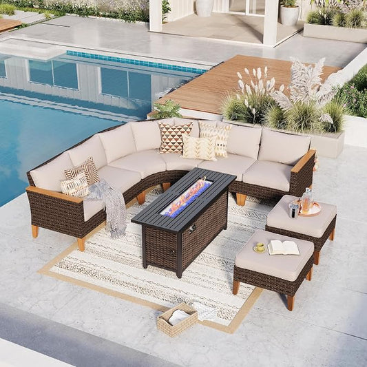 GREEN PARTY 8 Pieces Wicker Patio Furniture Set with 56" Fire Pit Table, All-Weather Outdoor Rattan Patio Half-Moon Curved Sectional Sofa Conversation Set for Garden, Backyard