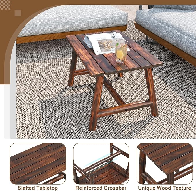 HAPPYGRILL Outdoor Wood Coffee Table, Japanese Floor Low Tea Table with Slatted Tabletop, Rectangle Patio Side End Table for Poolside Garden Living Room