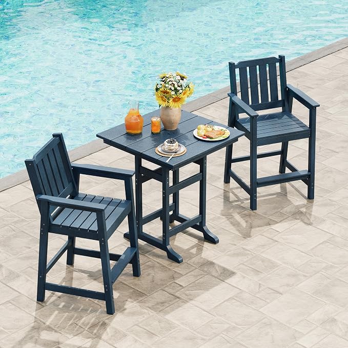 Takywep Set of 2 HDPE Wood Grain Outdoor Bar Stools, 27.7" High Counter Height Chairs with Armrests and Back, Weatherproof Pub Seating for Patio, Balcony, Garden, Deck, Backyard, Navy Blue