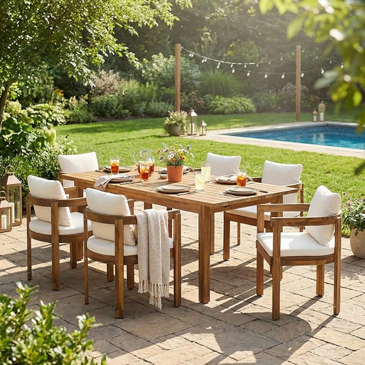 VilroCaz 7-Piece Patio Dining Set for 6, Acacia Wood Dinning Set with 67.75''- 87.25" Expandable Table, 6 Chairs and Cushions, All-Weather Outdoor Conversation Set for Garden Backyard (Teak-ex7)