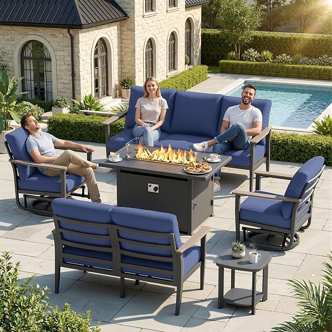Aluminum Outdoor Patio Furniture Set, 6-Piece Sectional Sofa with 5.1" Thick Cushions, Swivel Rocking Chairs, 55,000 BTU Propane Fire Pit Table, Outdoor Couch for Backyard, Deck, Navy Blue