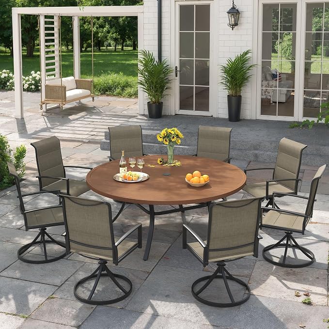 VICLLAX 60" Outdoor Round Patio Dining Table for 8-10, All Weather Metal Dining Table with Umbrella Hole for Deck Lawn Garden Backyard, Walnut