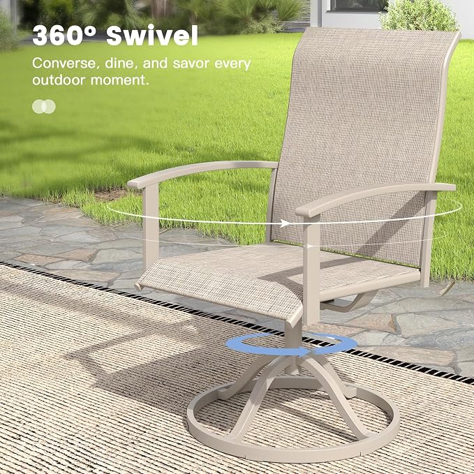 VICLLAX 5 Pieces Patio Outdoor Dining Set, 4 Swivel Textilene Chairs and 47.2" Round Metal Table with Umbrella Hole for Porch, Deck, Garden, Sandshell
