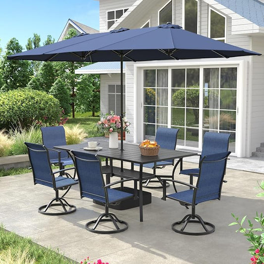 VICLLAX Outdoor Table and Chairs Set with Umbrella, Patio Dining Set of 59 Metal Patio Table with Umbrella Hole & 6 Swivel Outdoor Chairs, Blue Outdoor Umbrella for Backyard Lawn, Dark Blue & Black