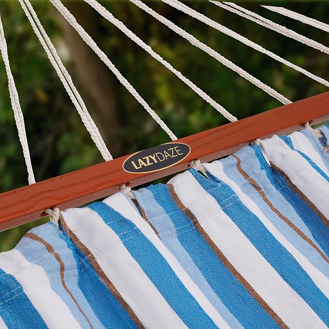 Lazy Daze Hammocks Cotton Fabric Spreader Bar Hammock and 10.5 Ft Wood Arc Hammock Stand Combo, for Indoor, Outdoor, Patio, Backyard, Blue and White