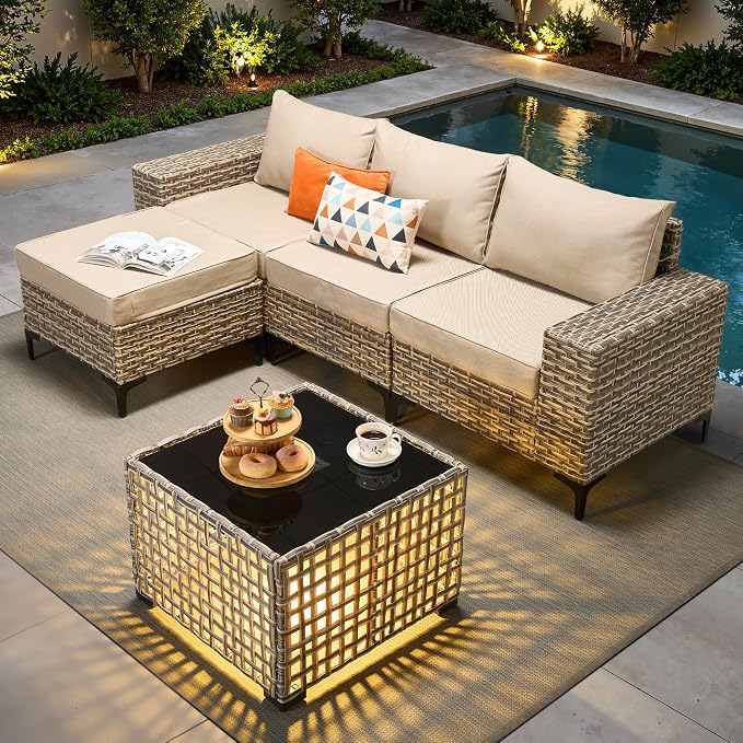 Patio Furniture Set, 5 Pieces Outdoor Wicker Conversation Sets with Coffee Table Outdoor Sectional Sofa for Balcony Backyard Poolside Garden Lawn (Beige)