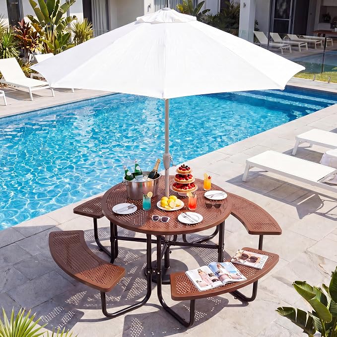 46" Outdoor Round Perforated Picnic Table Metal Camping Table with Umbrella Hole - Heavy Duty Steel Mesh Picnic Bench Set for Backyard Garden Deck, Brown