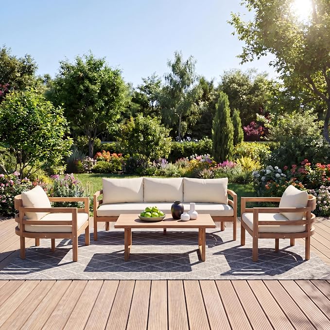 Christopher Knight Home Alger 5-Seater Patio Furniture Set with Removable Cushion, 4 Piece Outdoor Acacia Wood Conversation Set, Wooden Outdoor Sectional Sofa Set with Coffee Table, Light Teak+Beige