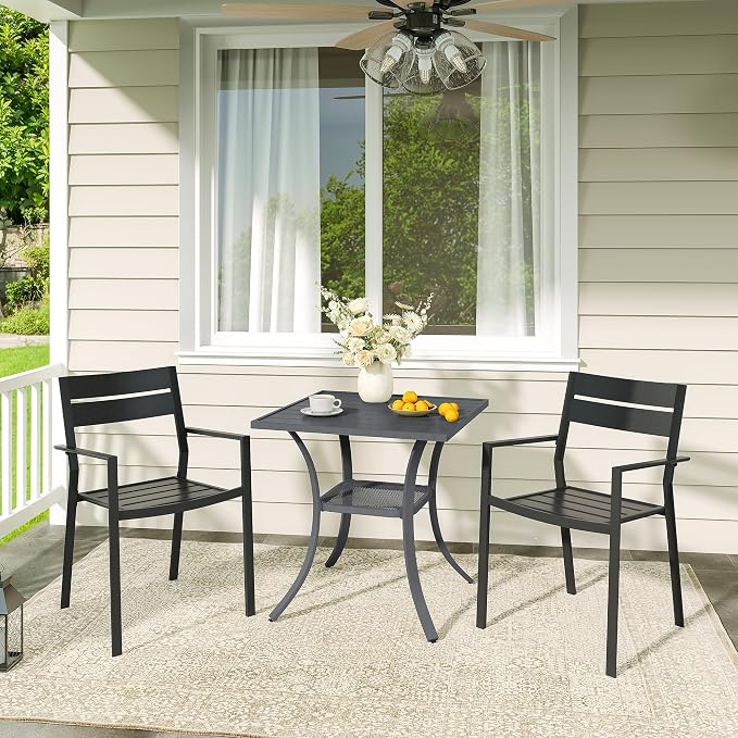 VICLLAX Patio 3 Pieces Outdoor Bistro Table Set, Wrought Iron Metal Furniture with 28" Square Table and 2 Stackable Chairs, Patio Dining Set for Patio, Lawn, Garden, Porch, Dark Grey/Black