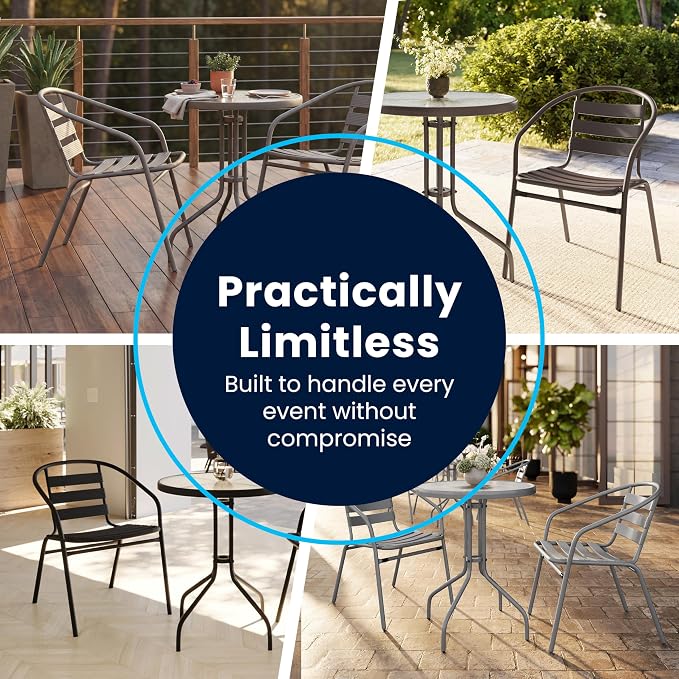 Flash Furniture Lila 7-Piece Glass Patio Table and Chairs Set, Outdoor Patio Dining Set with Rectangular Table and 6 Slat Back Patio Chairs, Black | Umbrella Hole, 55 in Tempered Glass, Aluminum Slat Back Stack Chairs
