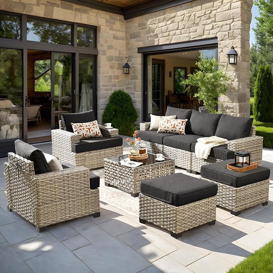 8 Pcs Outdoor Sectional Patio Furniture Set with Ottomans - All Weather Wicker Modular Outside Sectional Couch,Patio Seating Outdoor Conversation Sets for Deck Yard Garden,Black