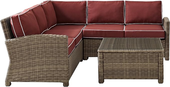 Crosley Furniture Bradenton 4-Piece Outdoor Sectional Sofa Wicker Conversation Patio Furniture Set for Deck, Brown with Sangria Cushions