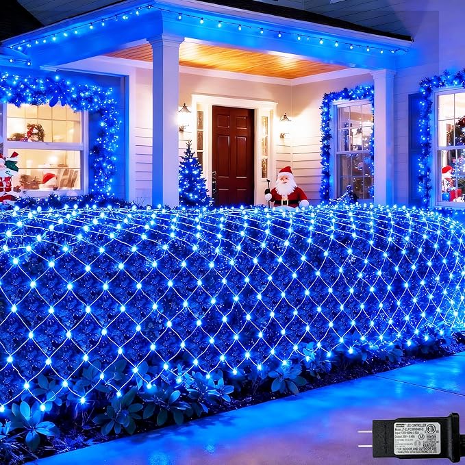 Blue Net Lights, 15x 5ft Christmas Bush Lights Outdoor Green Wire | 300 LED Large Net Mesh Lights Plug in, 8 Modes Waterproof Connectable Bushes Lights for Halloween Hedge Yard Decor
