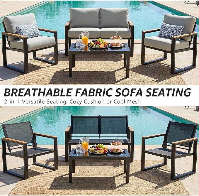 NATURAL EXPRESSIONS 4 Pieces Patio Furniture Sets,Outdoor Metal Sectional Furniture Modern Patio Conversation Set,Fauxwood Anti-Scald Armrest,Sling Mesh,Tempered-Glass Table,4" Olefin Cushions