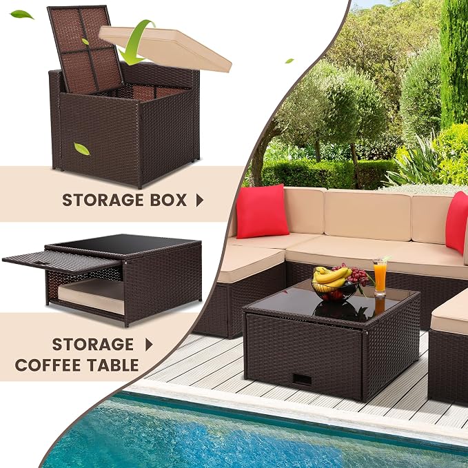 KROFEM 8 Piece Patio Furniture Set, Outdoor Modular Conversation Set, Beige | UV Treated Wickers, Machine Washable Cushions, Seats 6, 2 Hidden Storage Compartments, Rustproof Frame, Waterproof