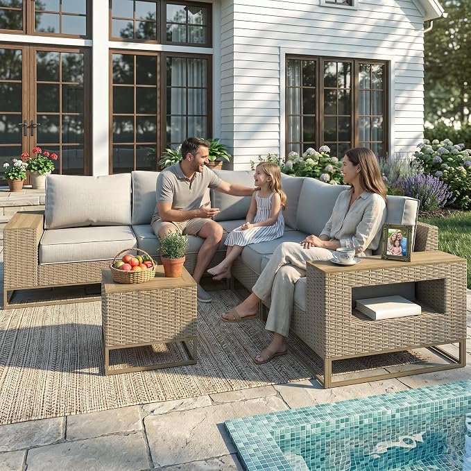 Outdoor Patio Furniture Set 6-Piece PE Rattan Wicker Outdoor Sectional Sofa with Thickened Cushions and Chunky Arms, Modern Modular L-Shaped Conversation Set for Garden, Backyard, Greige