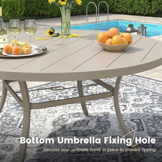 VICLLAX 50" Outdoor Round Patio Dining Table for 4-6, All Weather Metal Dining Table with Umbrella Hole for Deck Lawn Garden Backyard, Sandshell