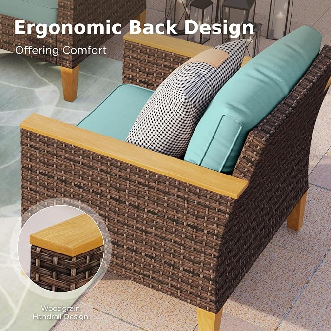 PHI VILLA 7-Piece Wicker Patio Conversation Set, Outdoor Rattan Sectional Pool Furniture Patio Set for 7 Seats with Cushioned 2 x Single Sofa, 2 x Armrest Chair, 2 x Ottoman and 1 x Armless Sofa, Blue