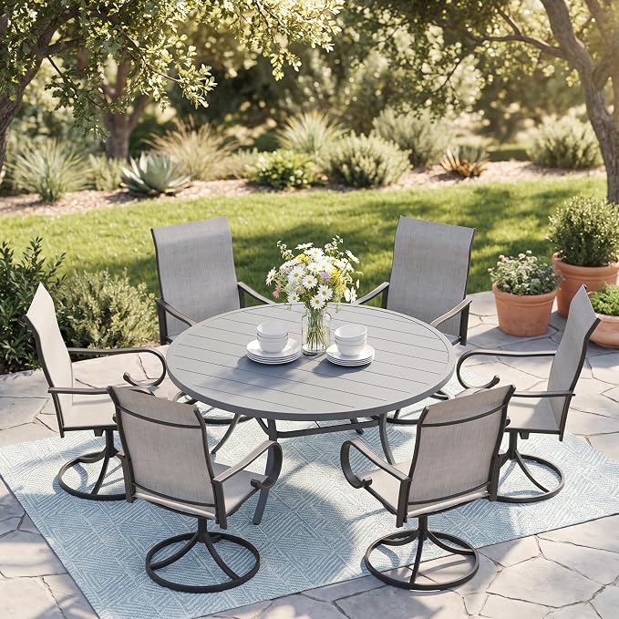 7 Pieces Patio Dining Set, 6 Outdoor Swivel Dining Chairs with 50" Round Metal Outdoor Dining Table with Umbrella Hole for Garden Backyard Deck, Grey & Dark Grey