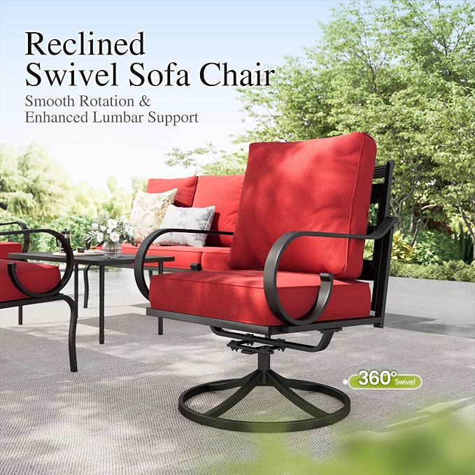 Sophia & William Patio Conversation Set for 7, 3-Seater Sofa, 2 Fixed Chairs, 2 Swivel Chairs and a Coffee Table, Metal Outdoor Furniture with 5.75" Extra Thick Cushions, Red