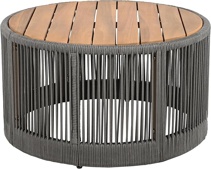 Round Rattan Coffee Table, Wood Outdoor Coffee Table, Rustic Patio Table Weather-Resistant Outdoor Furniture, for Garden, Balcony, Porch, Grey
