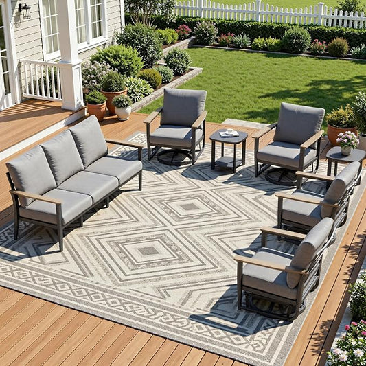 Aluminum Outdoor Patio Furniture Set with Swivel Rocking Chair 7-Seat, Patio Conversation Set Sectional Furniture Set with High Backrest & Thickened Cushions for Backyard, Grey