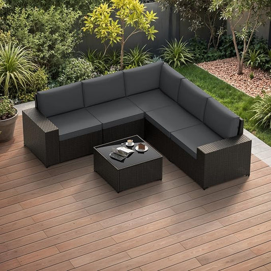 Patio Furniture Set, 6PCS Patio Sectional with Ottoman Wicker Rattan Outdoor Furniture with Thickened Cushion Modular Wicker Patio Conversation Set with Glass Top Table for Balcony, Backyard(Grey)